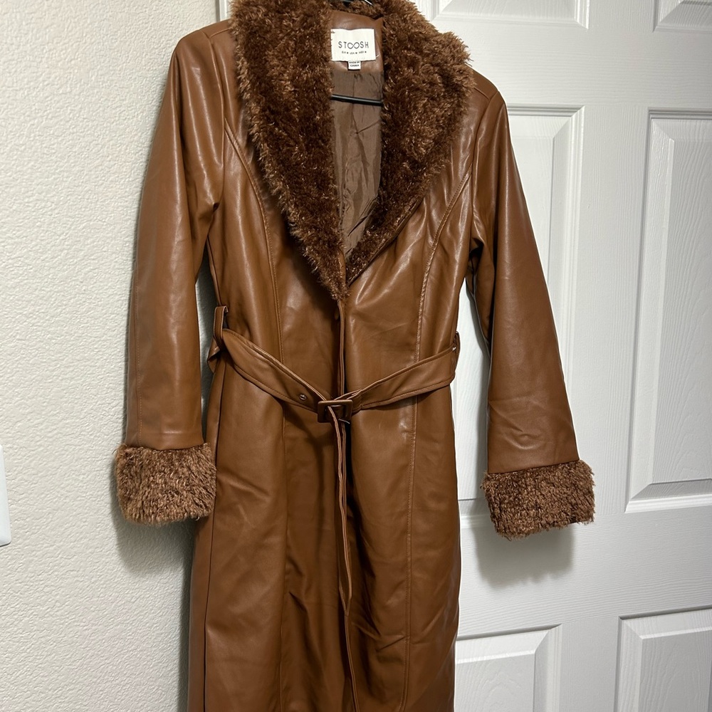 brown leather trench coat with fur